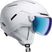 SavorVisorStereo-White helmet with blue visor and 'Atomic' branding on a white background
