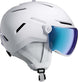 SavorVisorStereo-White helmet with blue visor and 'Atomic' branding on a white background