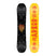 Scion- Two views of a snowboard one side is black and the other (Base) is yellow and orange on a white background