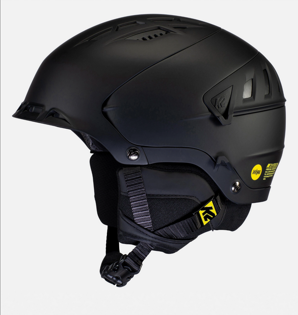 DiversionMIPS- A black K2 Diversion MIPS adult helmet designed for skiing and snowboarding, featuring a low-profile design and dual active matrix venting.
