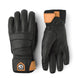 Pair of black gloves with orange accents on a white background