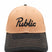 ScriptCap-A two-tone baseball cap with a tan crown and a dark charcoal gray brim, featuring the word 'Public' embroidered in black script across the front.