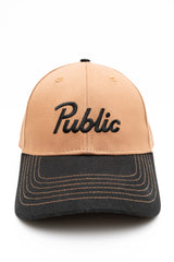 ScriptCap-A two-tone baseball cap with a tan crown and a dark charcoal gray brim, featuring the word 'Public' embroidered in black script across the front.