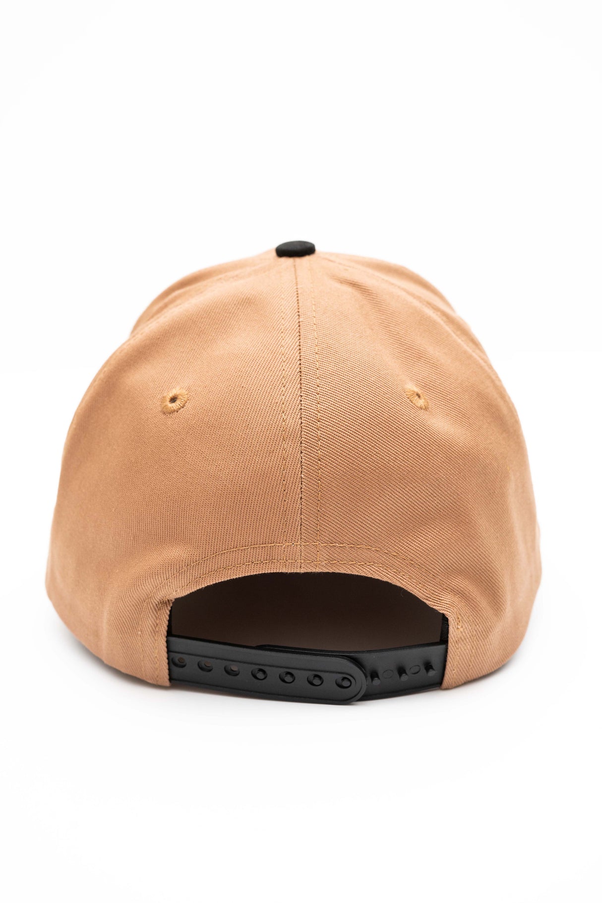 ScriptCap-A two-tone baseball cap with a tan crown and a dark charcoal gray brim, featuring the word 'Public' embroidered in black script across the front.