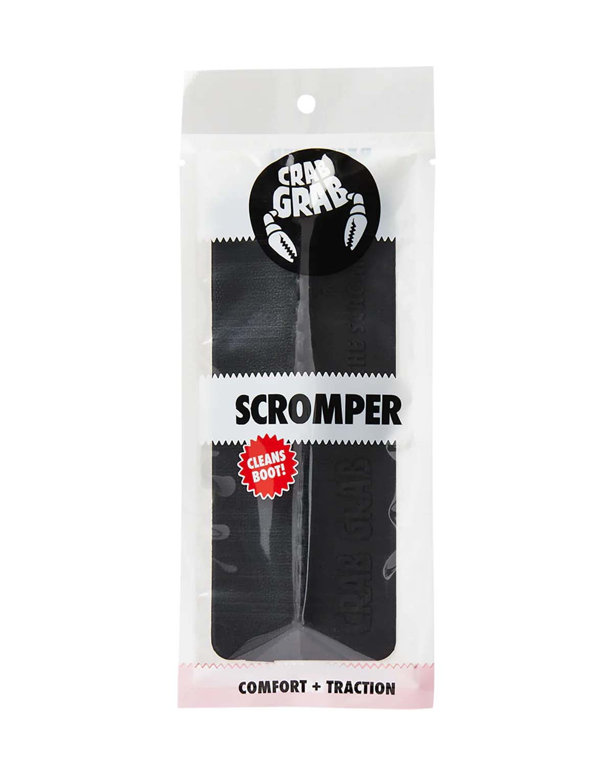 Scromper-Package of the Scromper stomp pad with branding and product features on a white background