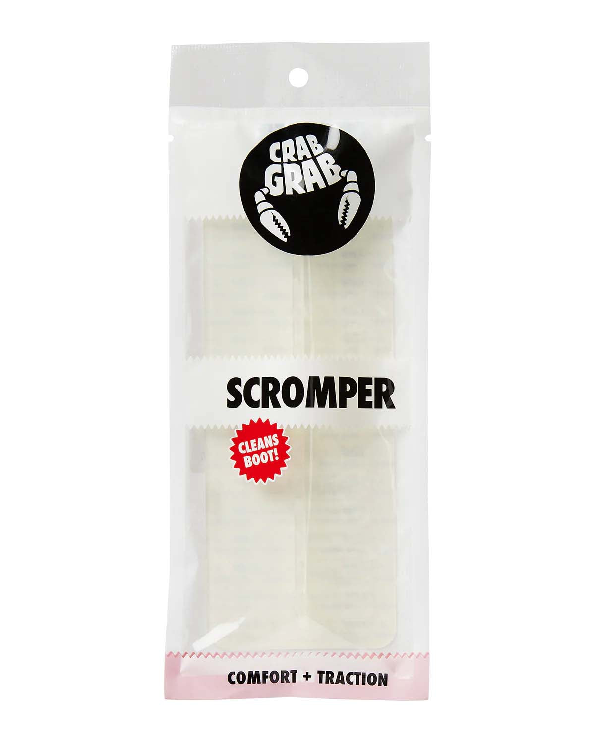 Scromper-Package of the Scromper stomp pad with branding and product features on a white background