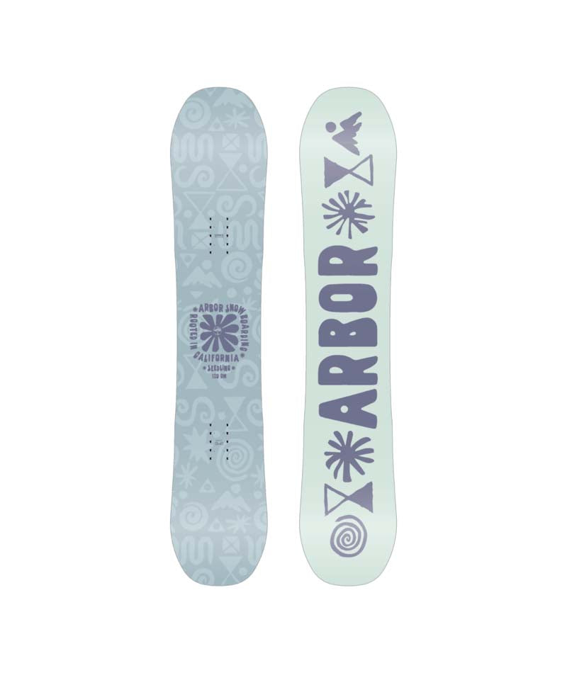 Seedling- Two views of a snowboard one side is light blue and the other (base) is teal and purple on a white background