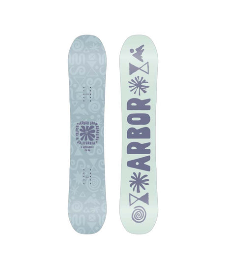 Seedling- Two views of a snowboard one side is light blue and the other (base) is teal and purple on a white background