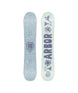 Seedling- Two views of a snowboard one side is light blue and the other (base) is teal and purple on a white background