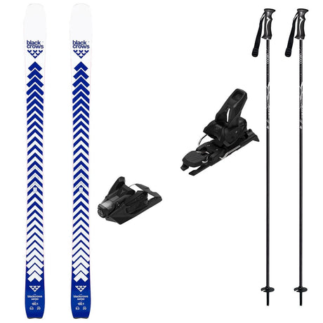 Serpow_Strive12-A ski and snowboard package set featuring two black and white patterned skis, two bindings, and two black ski poles on a solid white background.