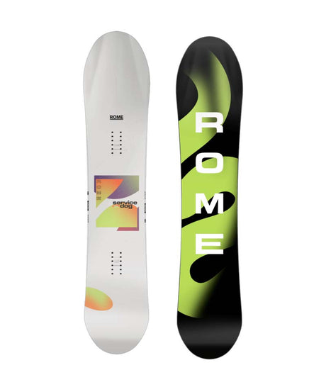 ServiceDog- Two views of a 'Rome' snowboard on a white background 