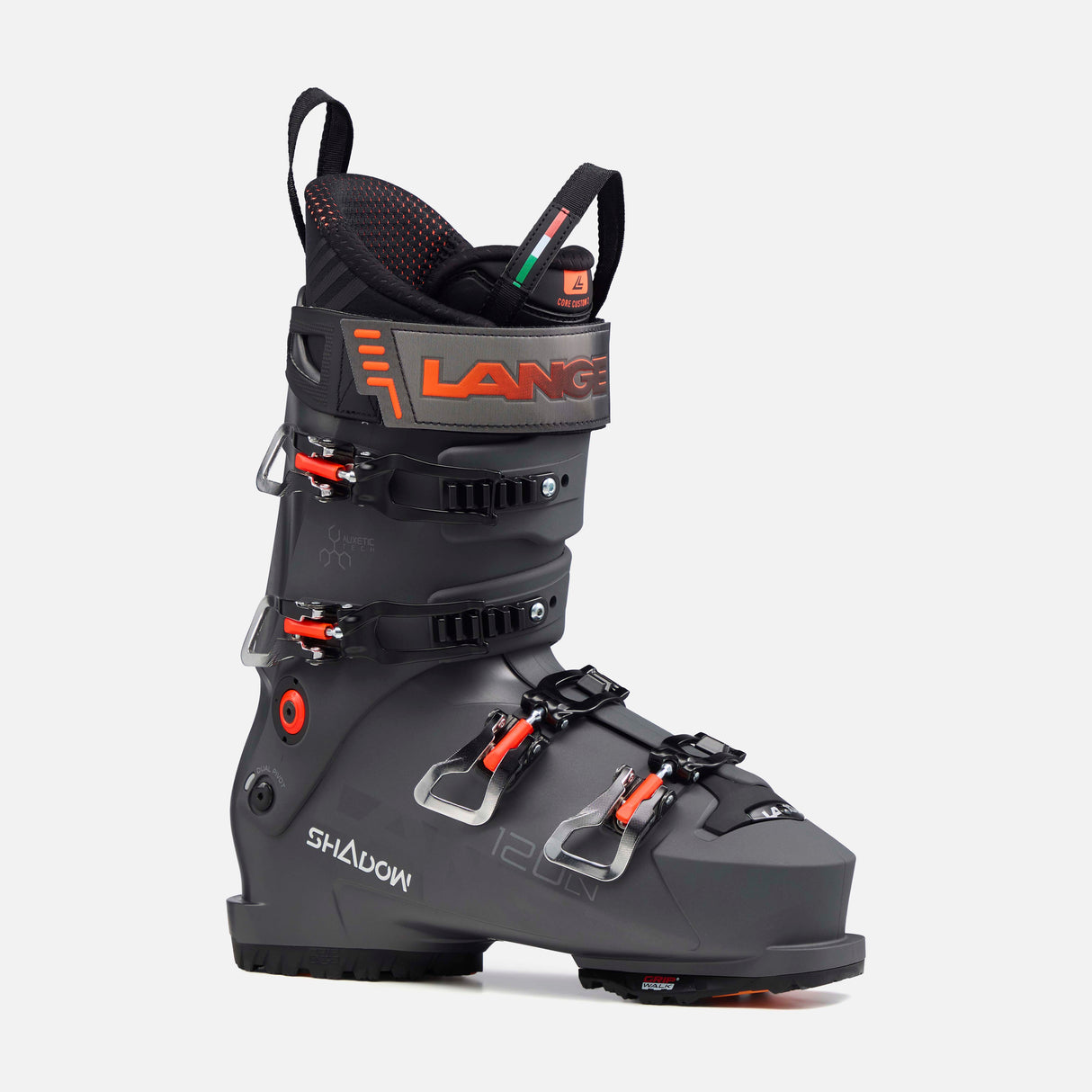 ShadowLV120- Grey, black and orange ski boot on a white background
