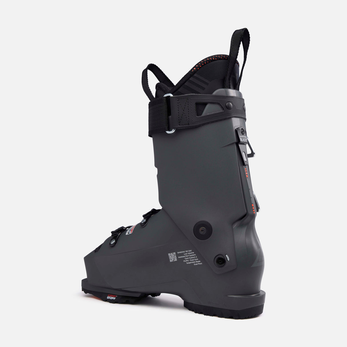 ShadowLV120- Grey, black and orange ski boot on a white background