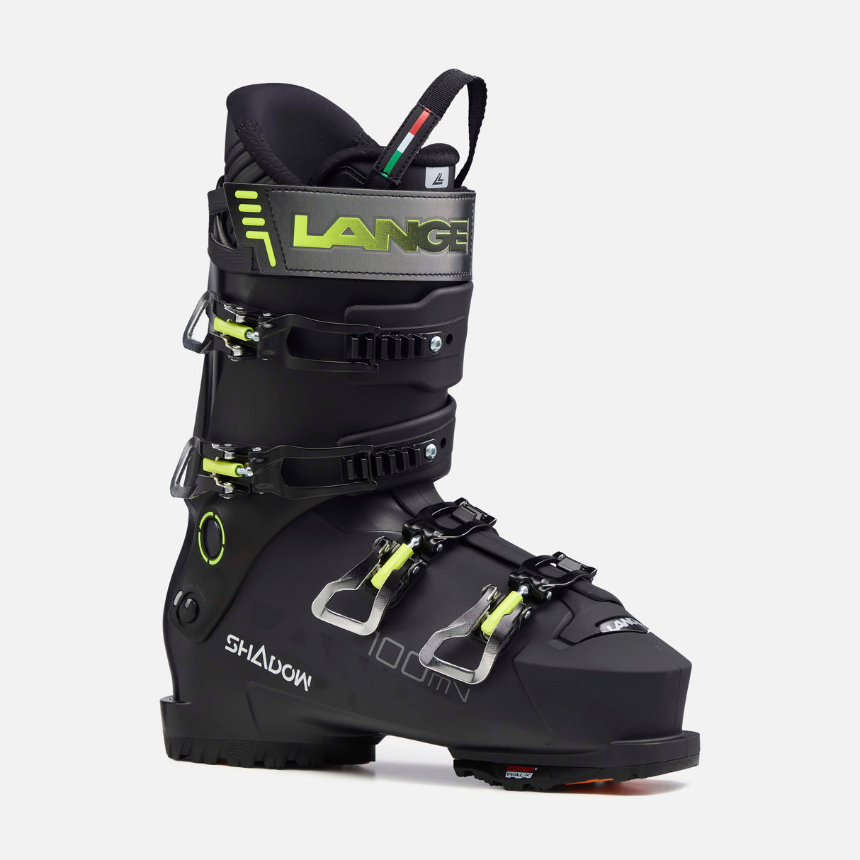 ShadowMV100- Black and green ski boot on a white background