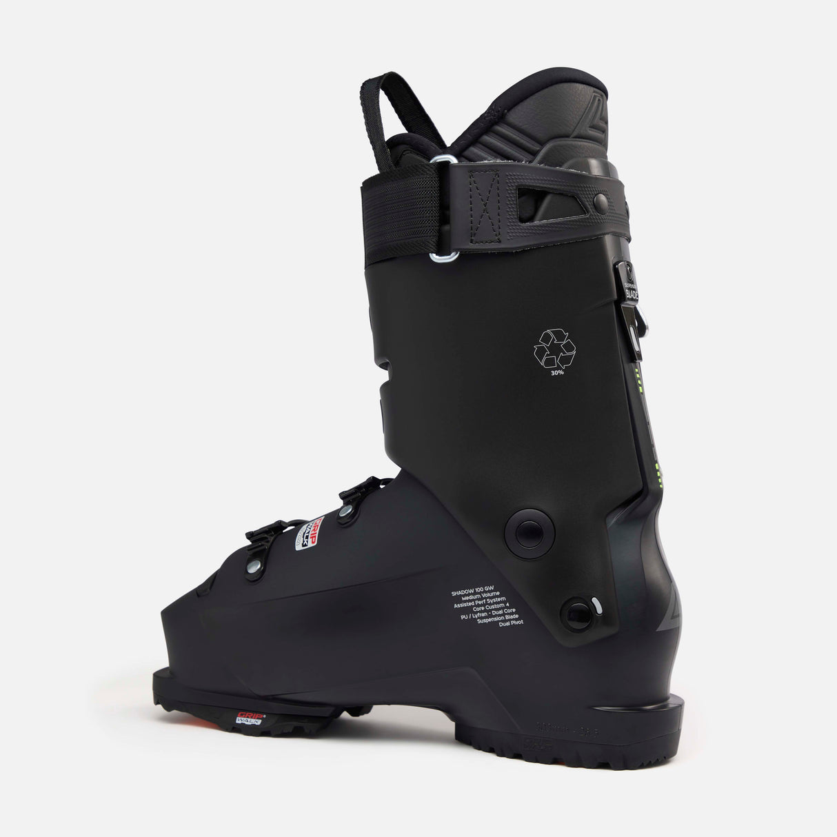 ShadowMV100- Black and green ski boot on a white background