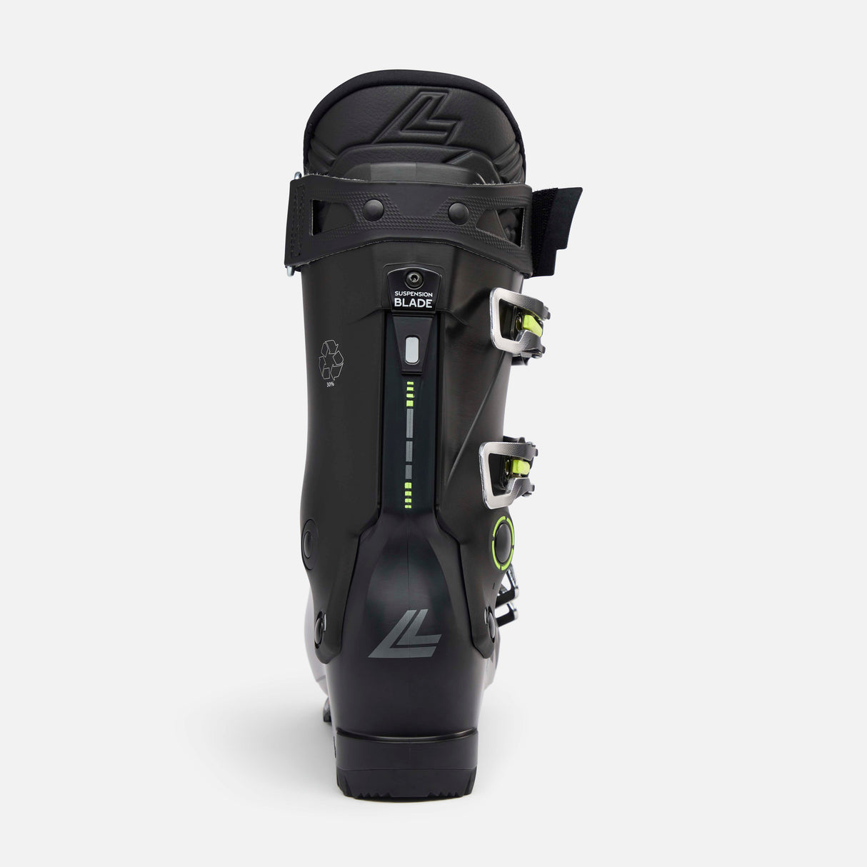 ShadowMV100- Black and green ski boot on a white background