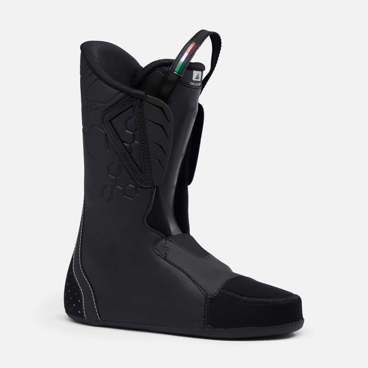 ShadowMV100- Black and green ski boot on a white background