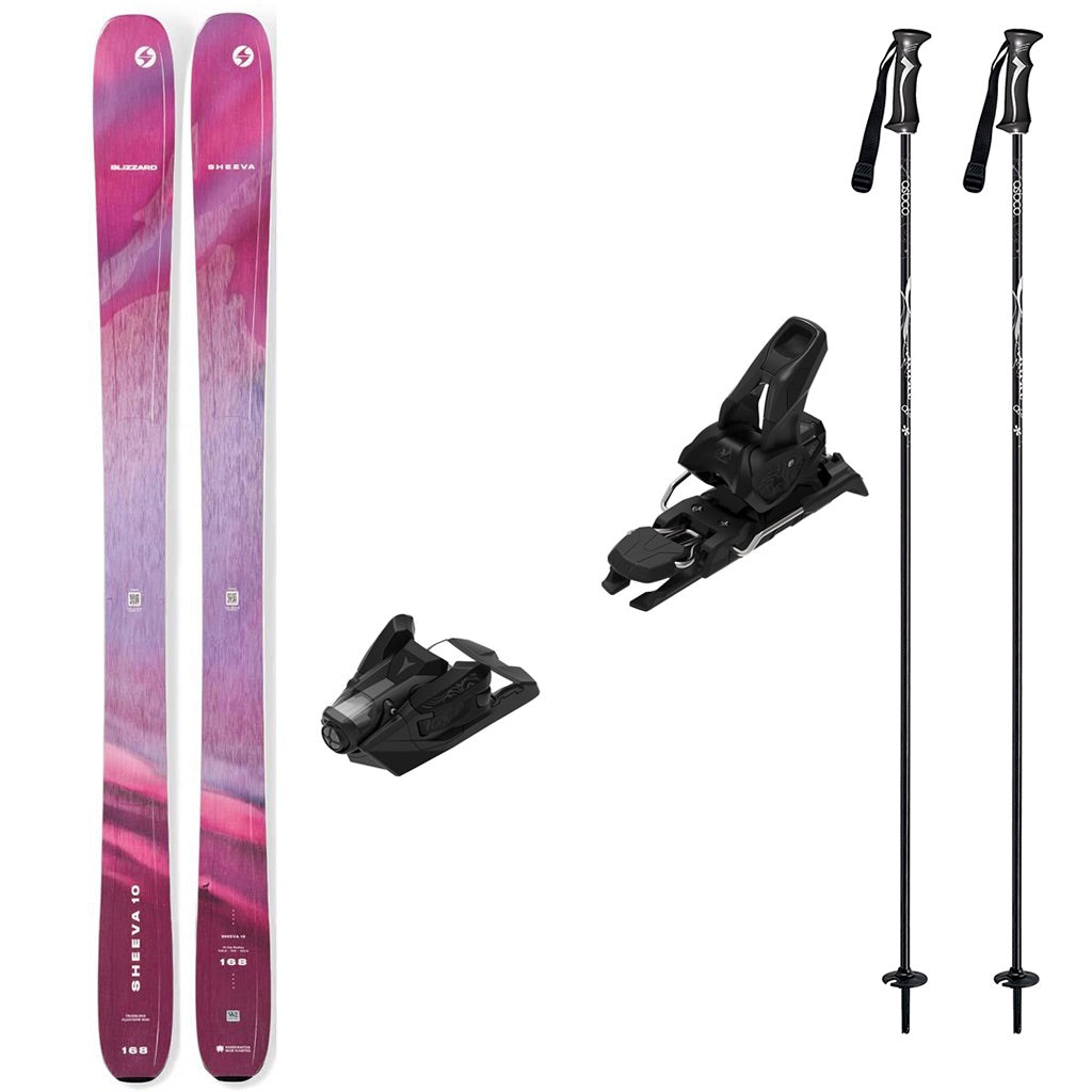Sheeva10w_Strive12-A ski bundle featuring a pair of pink and purple Sheeva skis, black bindings, and black ski poles on a solid white background.