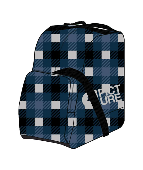 ShoesBag- A backpack with a navy, black, and white plaid pattern, featuring a front pocket with a black strap and a white 'Picture Organic' logo on the side.