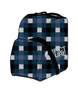 ShoesBag- A backpack with a navy, black, and white plaid pattern, featuring a front pocket with a black strap and a white 'Picture Organic' logo on the side.
