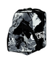 ShoesBag- A black and white abstract marble-patterned backpack with a front pocket and black webbed straps, featuring the text 'PICTURE' in white on the side.
