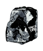 ShoesBag- A black and white abstract marble-patterned backpack with a front pocket and black webbed straps, featuring the text 'PICTURE' in white on the side.