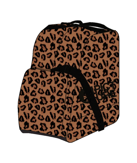 ShoesBag-A soft-sided rectangular bag with a tan and black leopard print pattern, featuring black webbed handles and a black printed logo on the front pocket.
