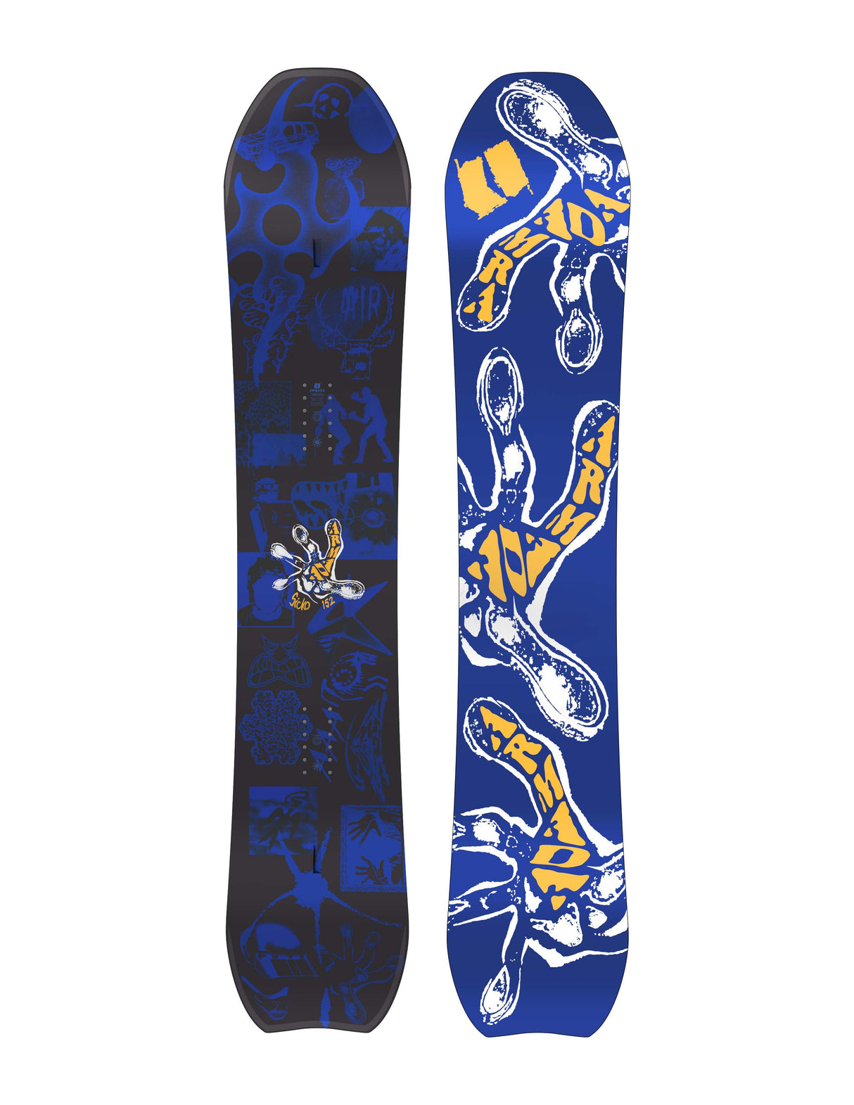 Sicko- Black and dark blue multi colored snowboard on a white background 