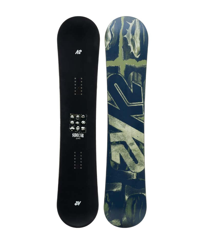 Sidecar- Black multicolored snowboard on a white background