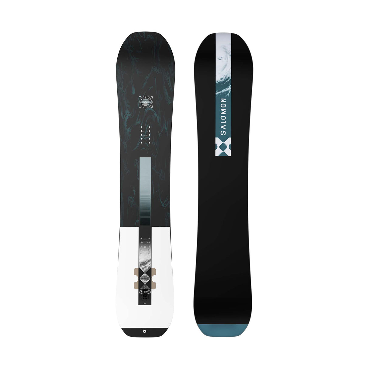 Sight- Black multi colored snowboard on a white background 
