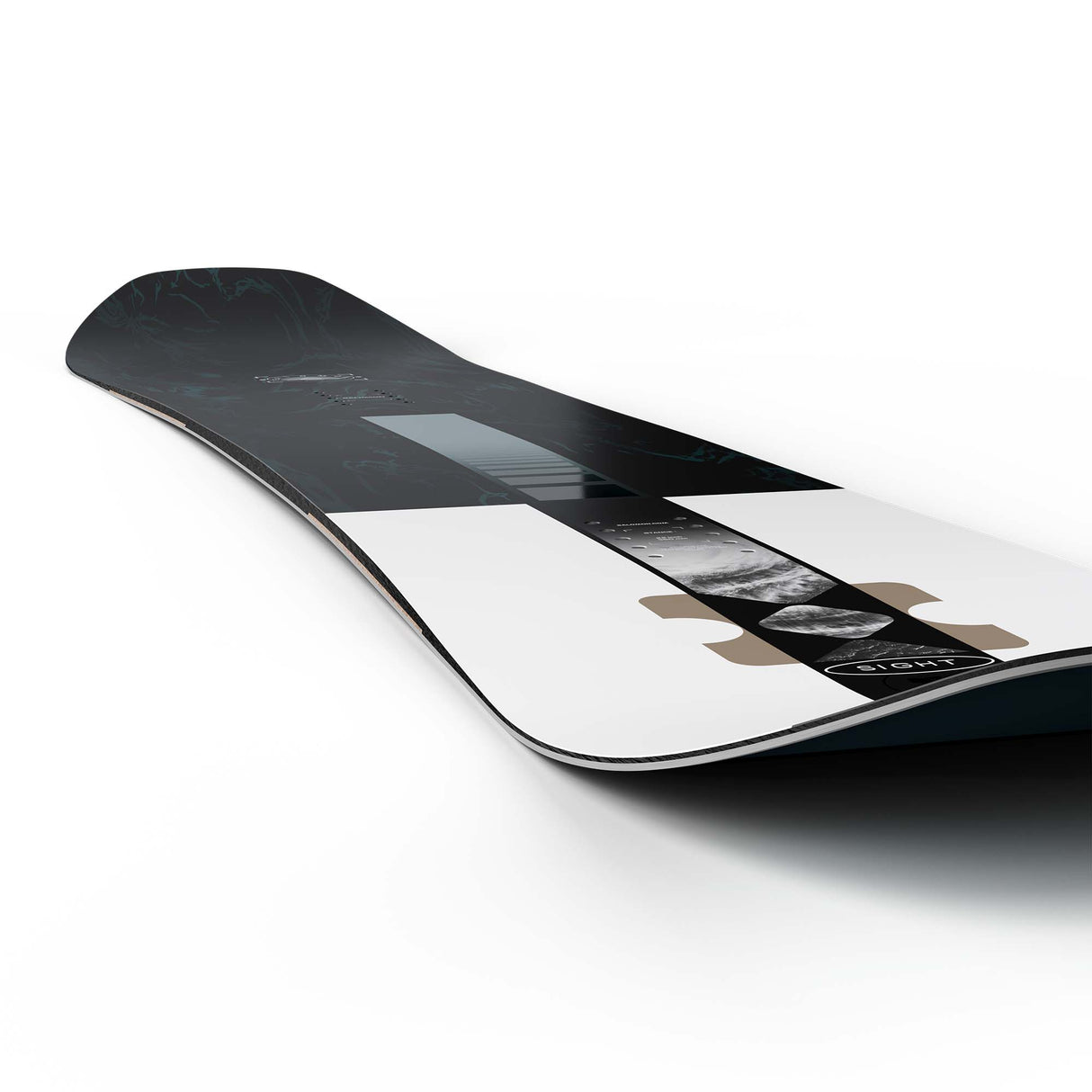 Sight- Black multi colored snowboard on a white background