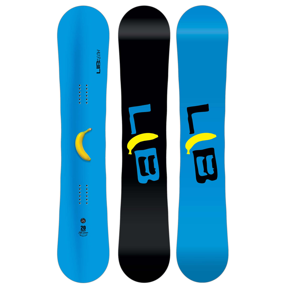 SkateBanana- Two views of a snowboard with different designs on a white background