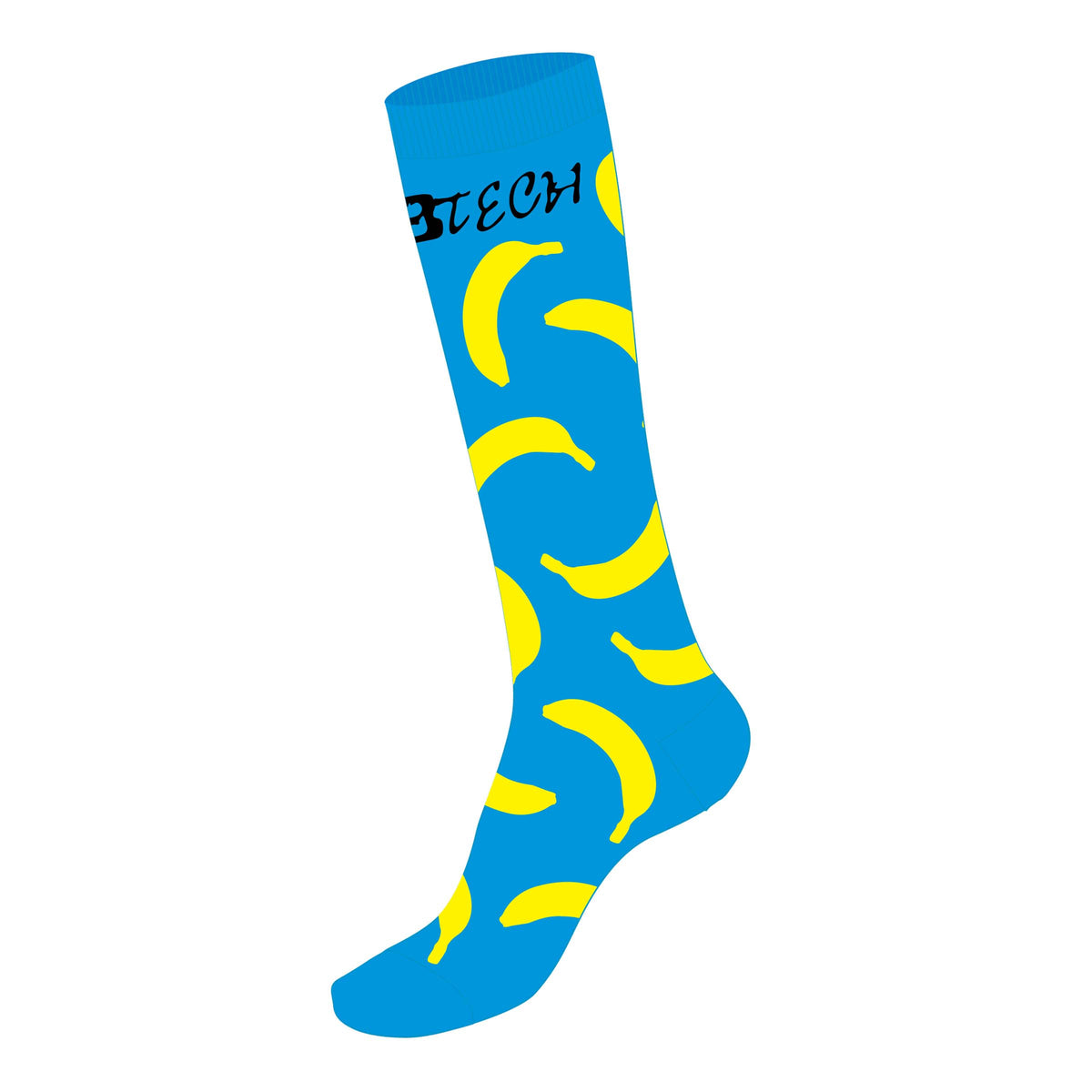 SkateBananaRidingSock- Blue riding sock with bananas all over it. 'LibTech' is labeled at the top of the sock 