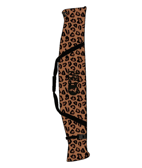 SkiBag-A long, narrow leopard-print carrying case or bag with black straps and a black central logo, shown on a plain white background.