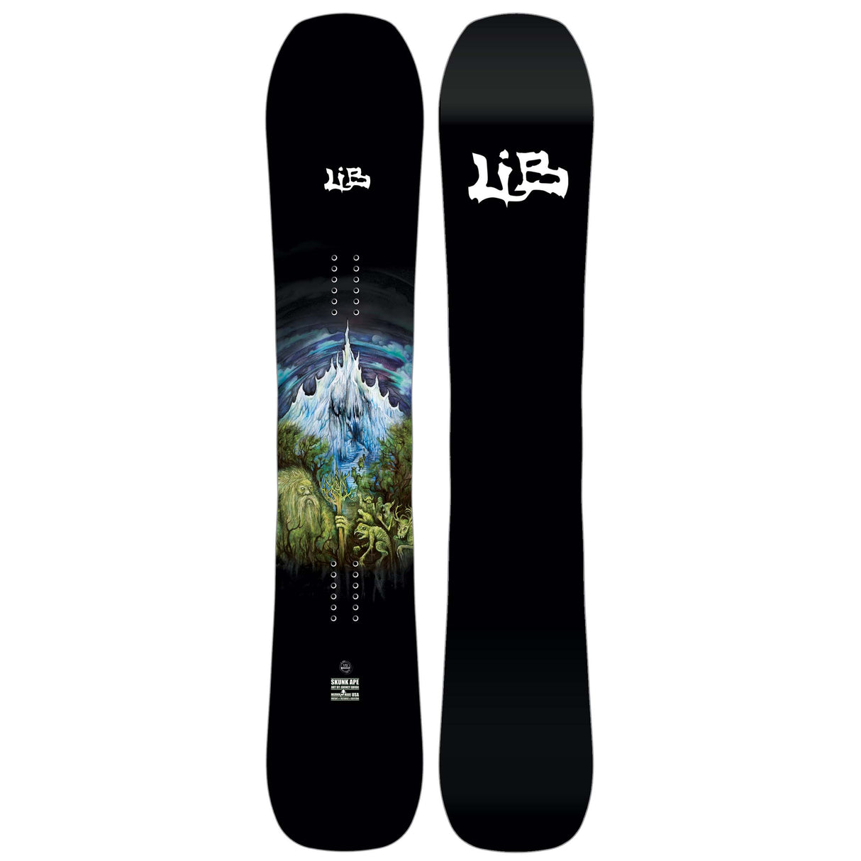 SkunkApe- Black snowboard with mountain graphic and brand logo on a white background
