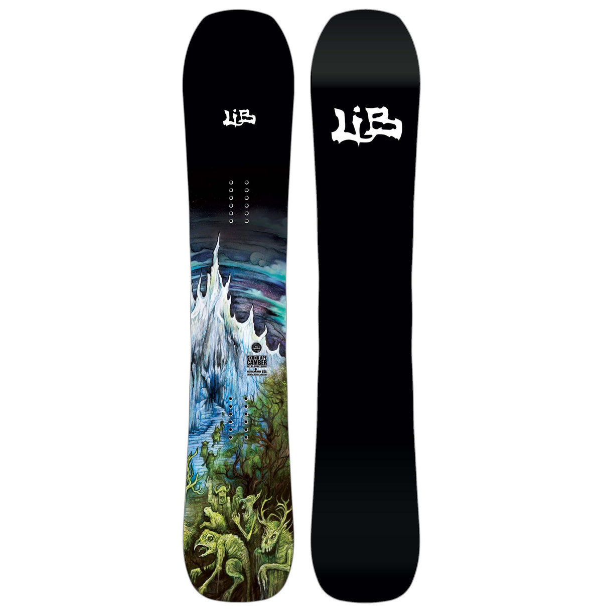 SkunkApeCamber- Two views of a snowboard with a mountain graphic on a white background