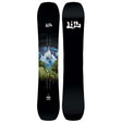 SkunkApeTwin- Black snowboard with mountain graphic and brand logo on a white background
