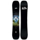 SkunkApeTwin- Black snowboard with mountain graphic and brand logo on a white background