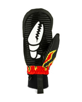 SlapMitten- Black 'Crab Grab' mitten with red and yellow flames on a white background