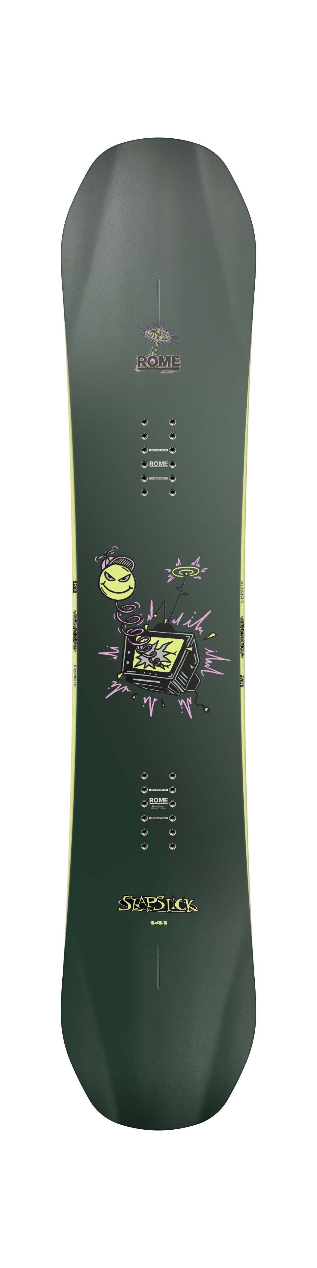 Slapstick- Green snowboard with branding on a white background