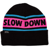 SlowDownBeanie- An black knit beanie with a pink horizontal stripe across the middle featuring the words 'SLOW DOWN' in black. The beanie also has light blue stripes above and below the white band and a small black 'SPIRAL' brand tag on the folded cuff.