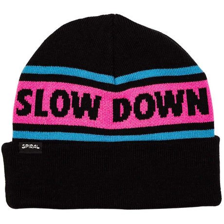 SlowDownBeanie- An black knit beanie with a pink horizontal stripe across the middle featuring the words 'SLOW DOWN' in black. The beanie also has light blue stripes above and below the white band and a small black 'SPIRAL' brand tag on the folded cuff.