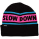 SlowDownBeanie- An black knit beanie with a pink horizontal stripe across the middle featuring the words 'SLOW DOWN' in black. The beanie also has light blue stripes above and below the white band and a small black 'SPIRAL' brand tag on the folded cuff.