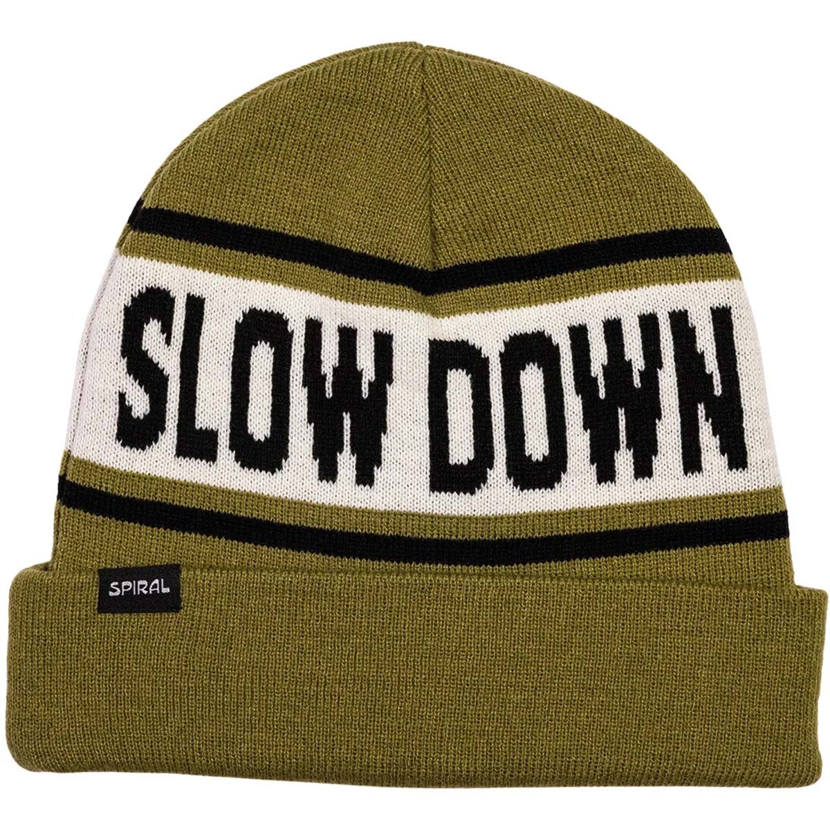 SlowDownBeanie- An olive green knit beanie with a white horizontal stripe across the middle featuring the words 'SLOW DOWN' in black. The beanie also has black stripes above and below the white band and a small black 'SPIRAL' brand tag on the folded cuff.