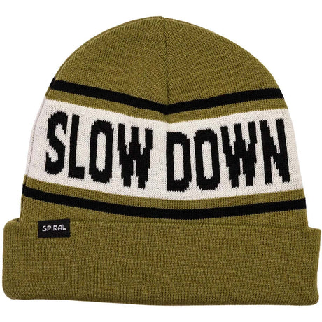 SlowDownBeanie- An olive green knit beanie with a white horizontal stripe across the middle featuring the words 'SLOW DOWN' in black. The beanie also has black stripes above and below the white band and a small black 'SPIRAL' brand tag on the folded cuff.