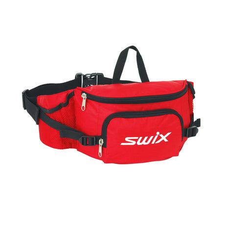 SmallFannyPack-A red waist bag with black straps and a white 'swix' logo on the front, shown against a plain white background.