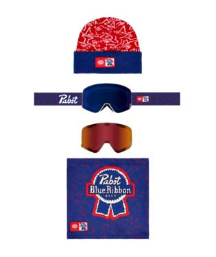 SmartyMagneticGogglePack- A PBR Blue Ribbon ski/goggle accessory set on a white background, including a red and navy beanie, blue goggle strap, orange-tinted lens, and a blue branded square patch.
