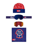 SmartyMagneticGogglePack- A PBR Blue Ribbon ski/goggle accessory set on a white background, including a red and navy beanie, blue goggle strap, orange-tinted lens, and a blue branded square patch.