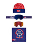 SmartyMagneticGogglePack- A PBR Blue Ribbon ski/goggle accessory set on a white background, including a red and navy beanie, blue goggle strap, orange-tinted lens, and a blue branded square patch.