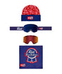 SmartyMagneticGogglePack- A PBR Blue Ribbon ski/goggle accessory set on a white background, including a red and navy beanie, blue goggle strap, orange-tinted lens, and a blue branded square patch.